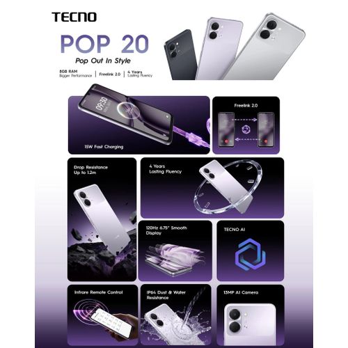 Tecno Pop 20 4G Smartphone 128GB ROM 4GB RAM 6.75 Inch 120Hz Display 5000mAh Battery 13MP Camera Android Phone Dual SIM Fingerprint Affordable Phone Kenya
