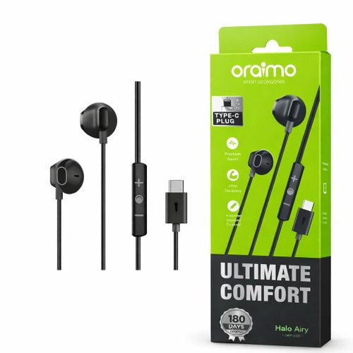 Oraimo Type-C Wired Earphones Stereo Bass Earbuds With Microphone Noise Isolation Handsfree Earphones For Samsung, Tecno, Infinix, Xiaomi Android Phones