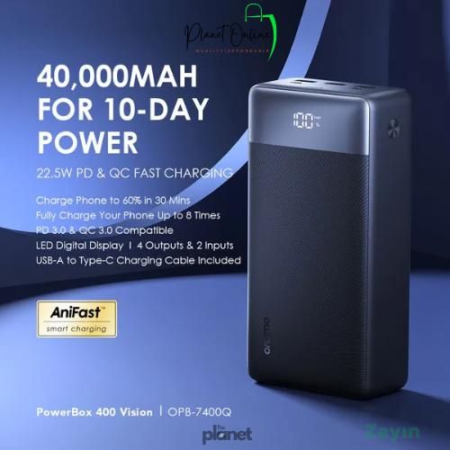 Oraimo PowerBox 400 Vision 40000mAh 22.5W Fast Charging Power Bank, USB-C PD QC3.0, 4 Outputs Portable Charger, LED Display, Ultra High Capacity Backup Battery Kenya