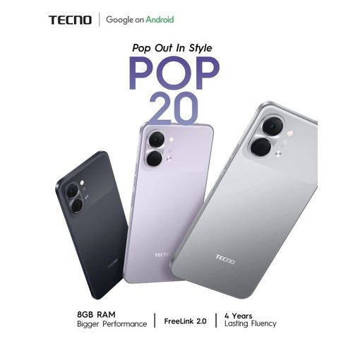 Tecno Pop 20 4G Smartphone 128GB ROM 4GB RAM 6.75 Inch 120Hz Display 5000mAh Battery 13MP Camera Android Phone Dual SIM Fingerprint Affordable Phone Kenya