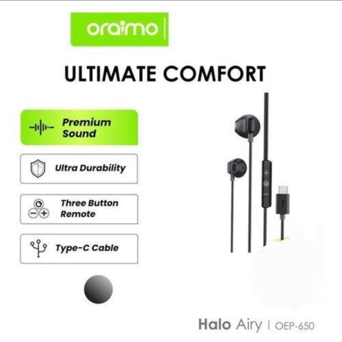 Oraimo Type-C Wired Earphones Stereo Bass Earbuds With Microphone Noise Isolation Handsfree Earphones For Samsung, Tecno, Infinix, Xiaomi Android Phones