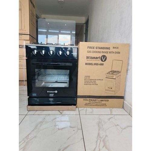 VOLSMART 60x60 Freestanding Gas Cooker, 3 Gas Burners + 1 Rapid Electric Plate, Electric Oven, 4-Burner Standing Cooker, Black