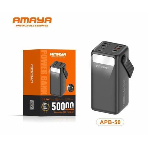Amaya APB-50 50000mAh Power Bank 22.5W Super Fast Charging with Built-in 4 Cables Type-C Lightning Micro USB Digital Display LED Light Laptop & Phone Charger