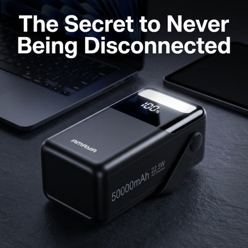Amaya APB-50 50000mAh Power Bank 22.5W Super Fast Charging with Built-in 4 Cables Type-C Lightning Micro USB Digital Display LED Light Laptop & Phone Charger