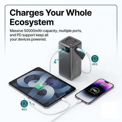 Amaya APB-50 50000mAh Power Bank 22.5W Super Fast Charging with Built-in 4 Cables Type-C Lightning Micro USB Digital Display LED Light Laptop & Phone Charger