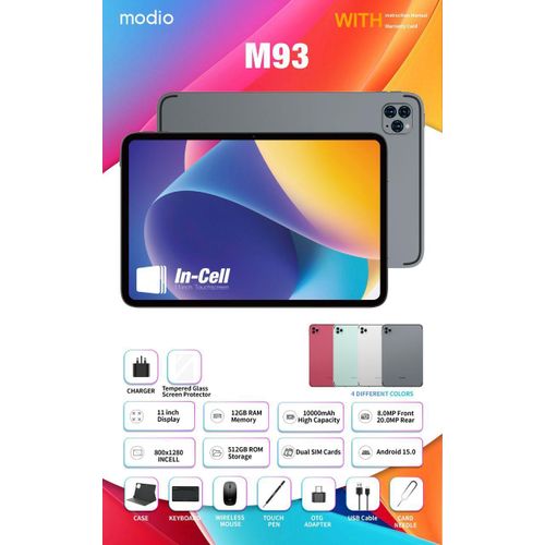 Modio M93 11 Inches DisplayTablet, 12GB RAM, 512GB Storage, 10000mAh Battery, Dual SIM, WiFi, Leather Cover Keyboard& Mouse + Free Extra LED Watch & Earpods