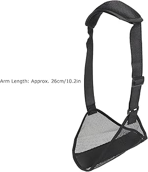 Medical arm support sling in black colour. Adjustable and breathable approx 26cm Medical arm support sling suitable for mild shoulder muscle strain or ligament sprain support
