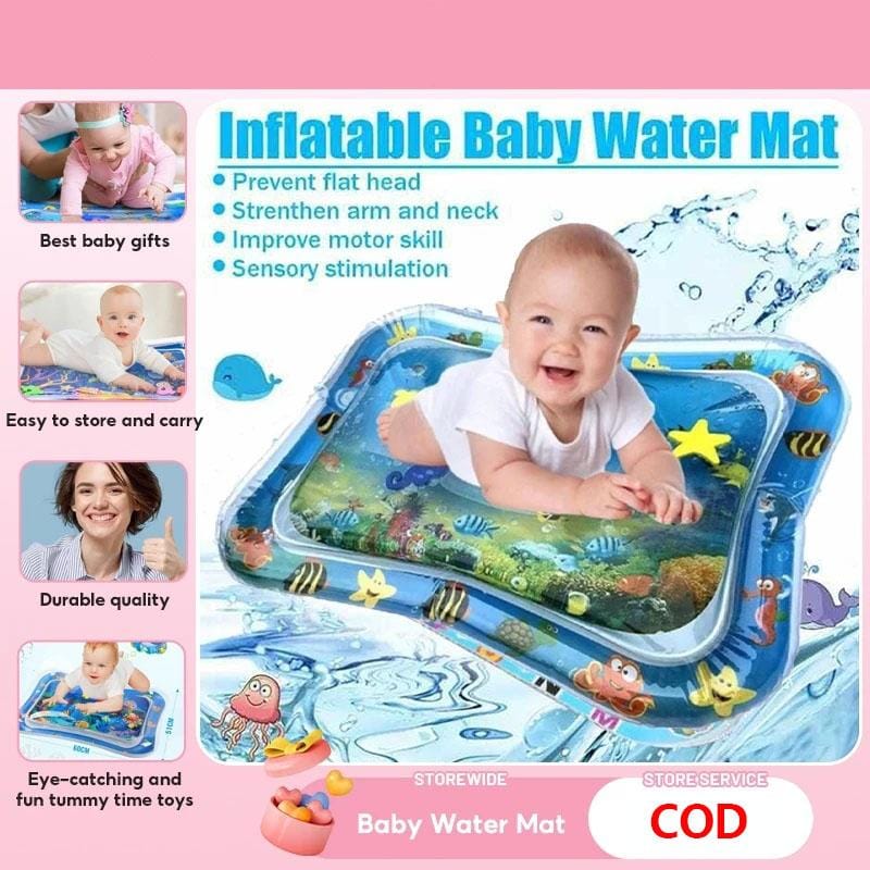 Baby tummy time water play mat pad with 5 floating animals, 🐟water tube inside, 🐡inflatable air tube outside