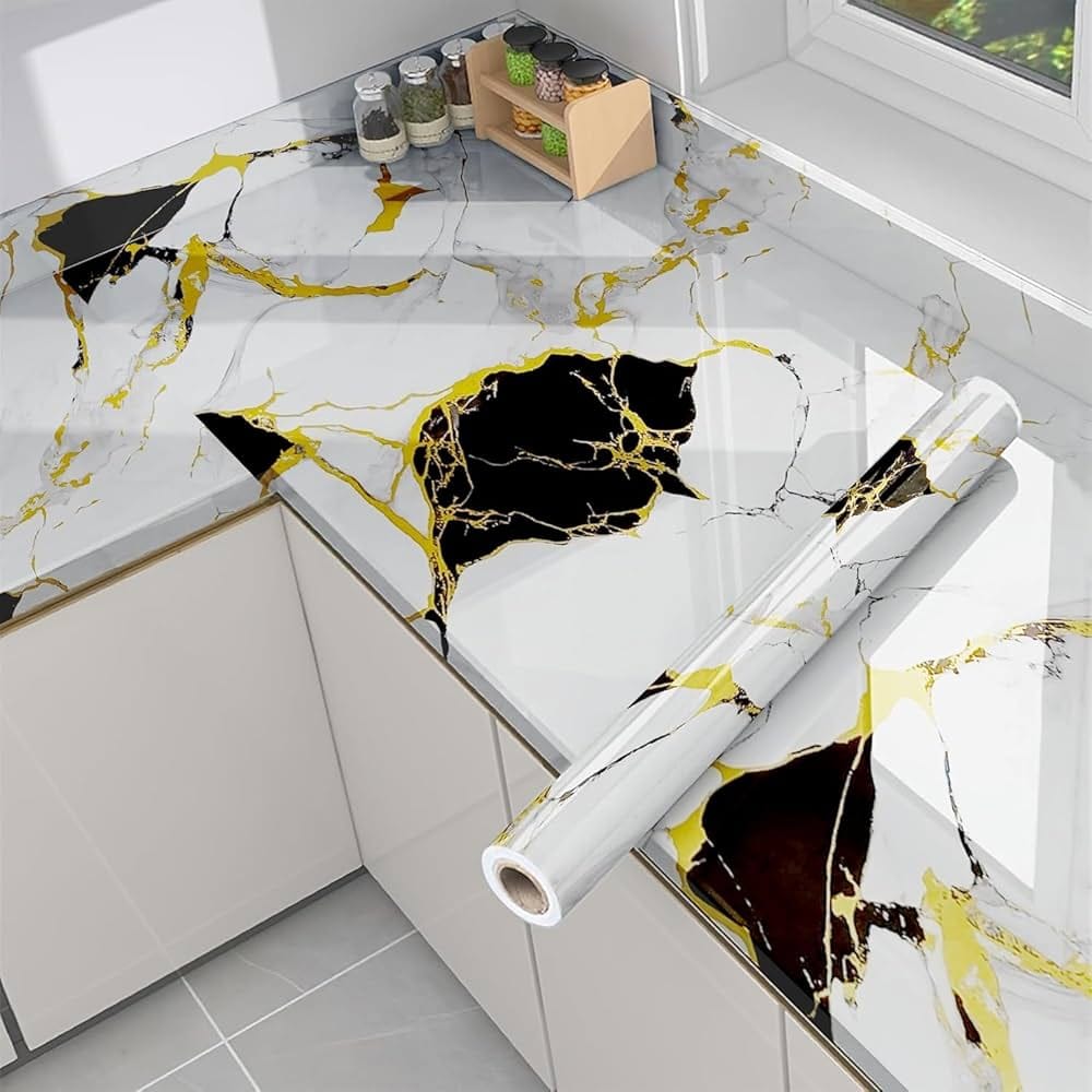 Marble contact papers that are self adhesive, vinyl contact paper in size 60cm by 2M, perfect for furniture, kitchen counters, bathroom counters, tables, anything you want to cover
