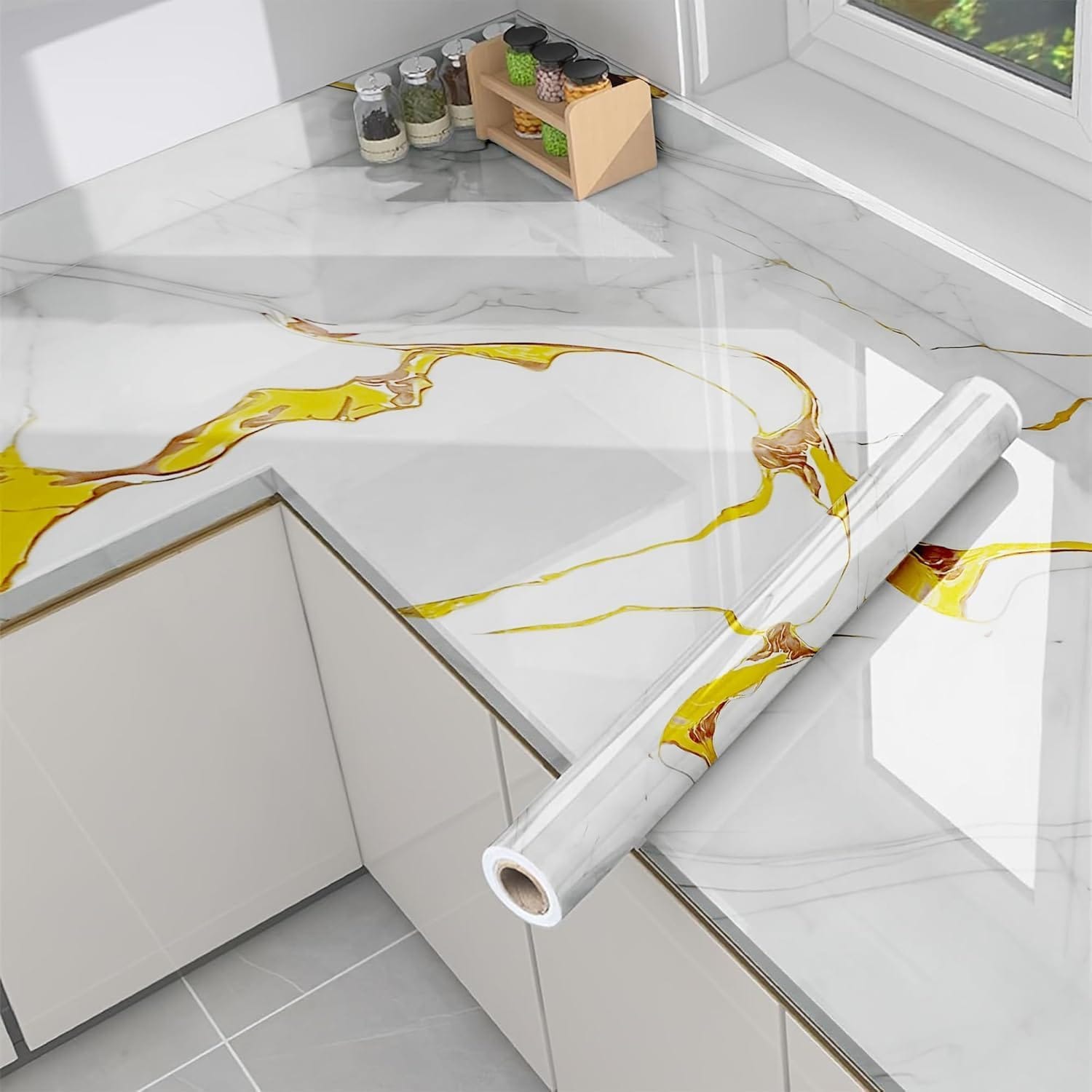 Marble contact papers that are self adhesive, vinyl contact paper in size 60cm by 2M, perfect for furniture, kitchen counters, bathroom counters, tables, anything you want to cover