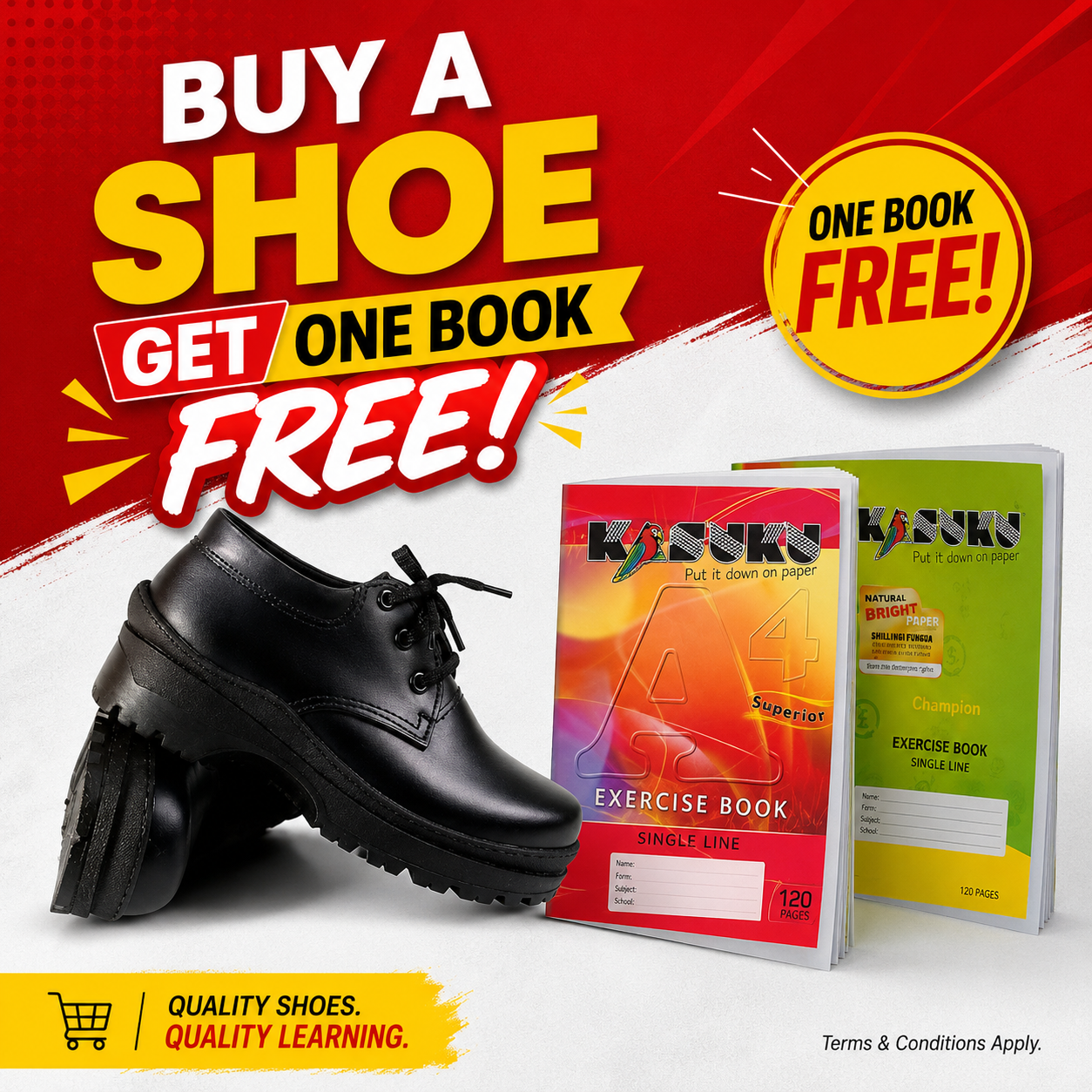 GOOD QUALITY UNISEX BLACK BACK TO SCHOOL LEATHER SHOES, TOUGHEES BATA + EXERCISE BOOK, BACK TO SCHOOL SHOES