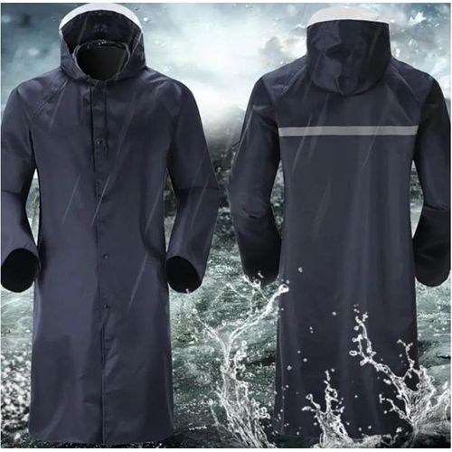 Unisex Heavy Duty Rain Coat With Lining unisex, waterproof garment featuring a hood, front snap buttons, and a reflective safety strip on the back.Fitting for working or outdoor activity.