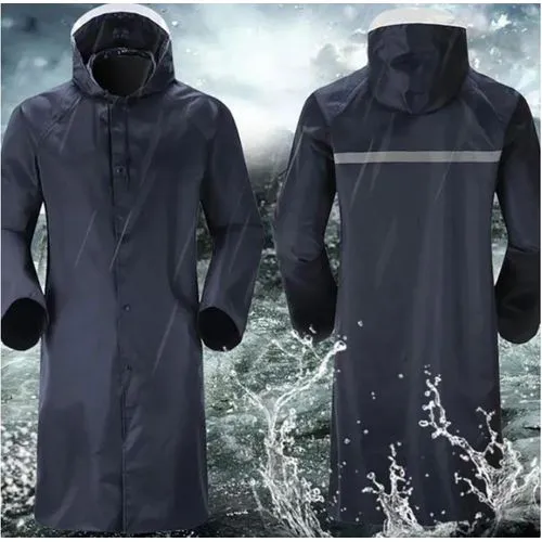 Unisex Heavy Duty Rain Coat With Lining unisex, waterproof garment featuring a hood, front snap buttons, and a reflective safety strip on the back.Fitting for working or outdoor activity.