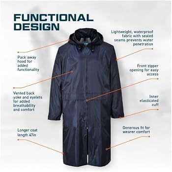 Unisex Heavy Duty Rain Coat With Lining unisex, waterproof garment featuring a hood, front snap buttons, and a reflective safety strip on the back.Fitting for working or outdoor activity.