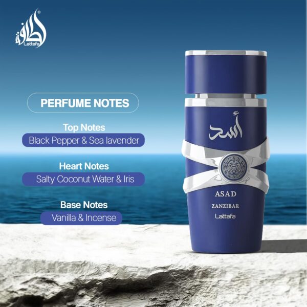 Lattafa Asad Zanzibar Eau De Parfum 100ML  it opens with an intoxicating blend of black pepper, pineapple, and tobacco, leading into a heart of coffee, patchouli, and iris