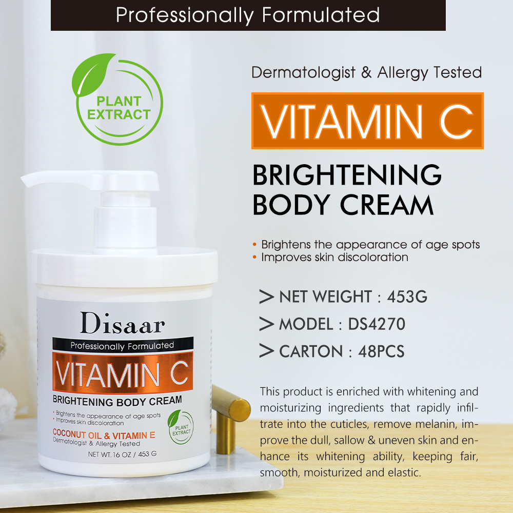 Disaar Organic Vitamin C Body Cream Vitamin E Skin Brightening Moisturizing Dark Spot Lightening Body Cream Lotion for Dark Skin deeply moisturizes and Enriched with coconut oil and vitamin E.