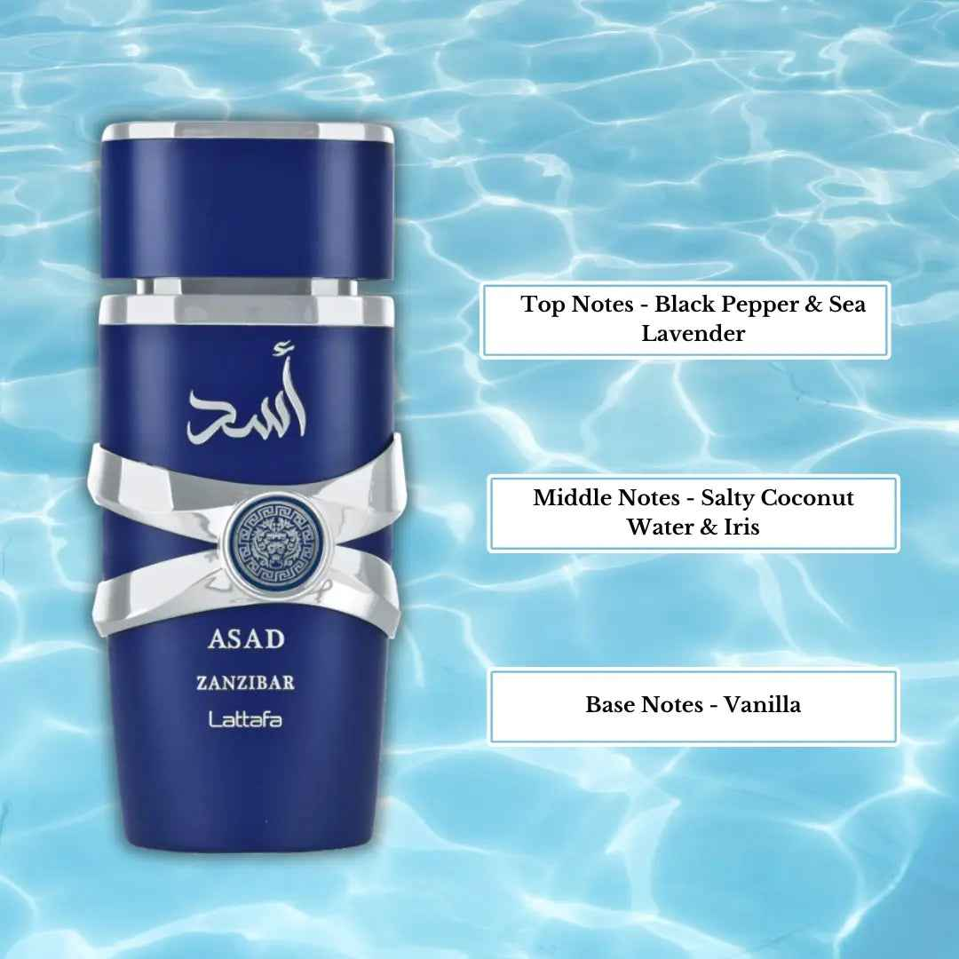 Lattafa Asad Zanzibar Eau De Parfum 100ML  it opens with an intoxicating blend of black pepper, pineapple, and tobacco, leading into a heart of coffee, patchouli, and iris