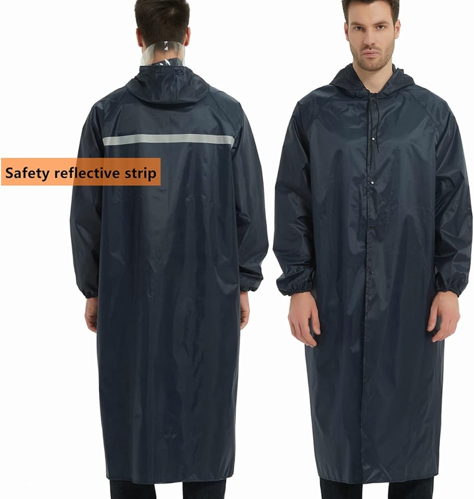 Unisex Heavy Duty Rain Coat With Lining unisex, waterproof garment featuring a hood, front snap buttons, and a reflective safety strip on the back.Fitting for working or outdoor activity.