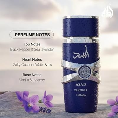 Lattafa Asad Zanzibar Eau De Parfum 100ML  it opens with an intoxicating blend of black pepper, pineapple, and tobacco, leading into a heart of coffee, patchouli, and iris