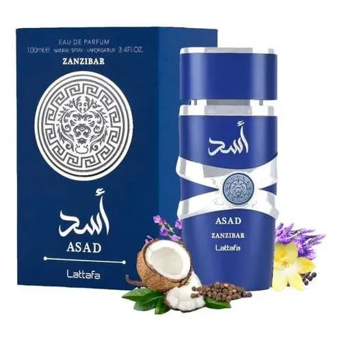 Lattafa Asad Zanzibar Eau De Parfum 100ML  it opens with an intoxicating blend of black pepper, pineapple, and tobacco, leading into a heart of coffee, patchouli, and iris