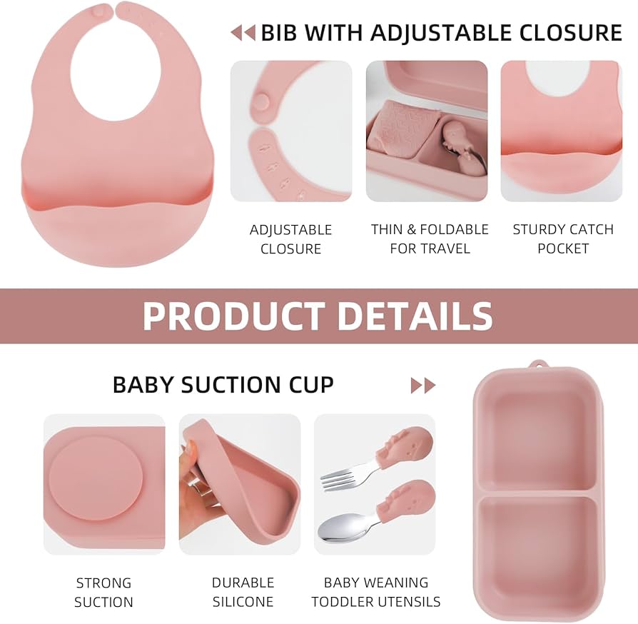 Silicone Suction Plate With Cutlery BPA Free Baby Children Toddler Feeding Set Non Breakable.The plates and bowls feature a suction base to prevent spills, and the spoon and fork are designed for grip