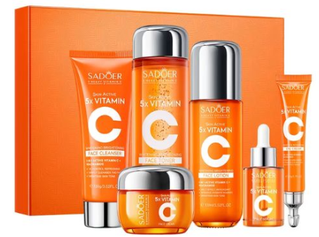 SADOER Vitamin C Skin Care Set - 5 Products for Unisex, Hydrating & Firming, Includes Cleanser, Eye Cream, Serum, Cream  combines active Vitamin C and Niacinamide to brighten dull skin, even out skin