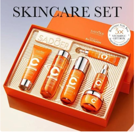 SADOER Vitamin C Skin Care Set - 5 Products for Unisex, Hydrating & Firming, Includes Cleanser, Eye Cream, Serum, Cream  combines active Vitamin C and Niacinamide to brighten dull skin, even out skin