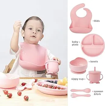 Silicone Suction Plate With Cutlery BPA Free Baby Children Toddler Feeding Set Non Breakable.The plates and bowls feature a suction base to prevent spills, and the spoon and fork are designed for grip