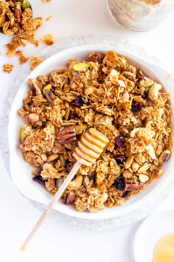 Baked honey granola is a crunchy,naturally sweetened breakfast classic made by coating rolled oats,nuts,and spices in a warmed honey-and-oil mixture before baking.the honey acts as a natural sweetener
