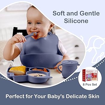 Silicone Suction Plate With Cutlery BPA Free Baby Children Toddler Feeding Set Non Breakable.The plates and bowls feature a suction base to prevent spills, and the spoon and fork are designed for grip