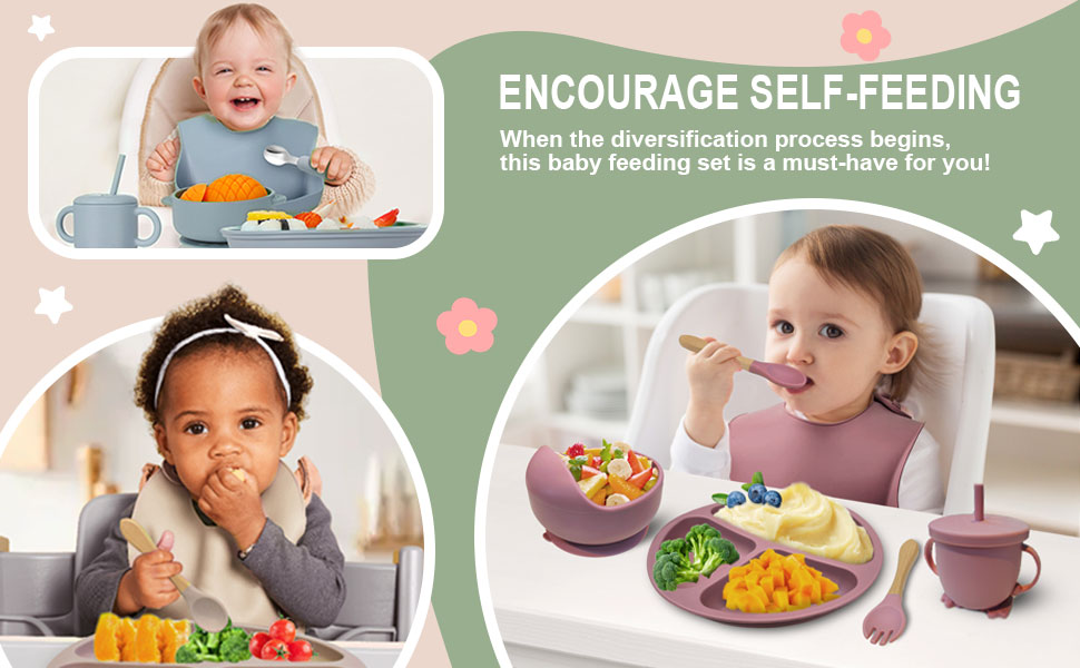 Silicone Suction Plate With Cutlery BPA Free Baby Children Toddler Feeding Set Non Breakable.The plates and bowls feature a suction base to prevent spills, and the spoon and fork are designed for grip