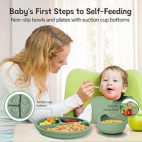 Silicone Suction Plate With Cutlery BPA Free Baby Children Toddler Feeding Set Non Breakable.The plates and bowls feature a suction base to prevent spills, and the spoon and fork are designed for grip