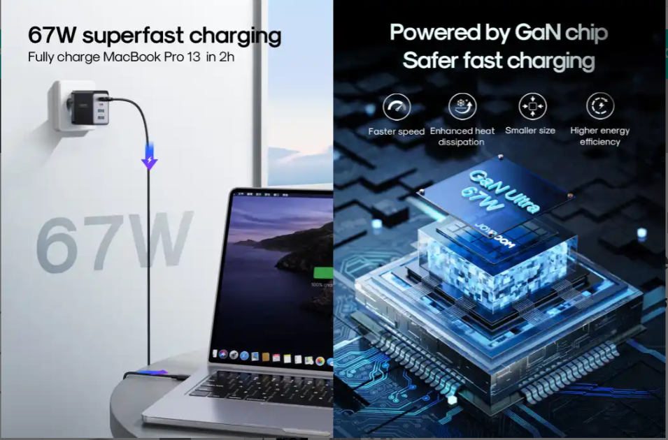 65W GaN Fast Super Fast Wall Charger.Laptop & Phone Compatible Description: Power up all your devices quickly and safely with the Floating Ark FDS-08 65W GaN Super Fast Wall Charger .