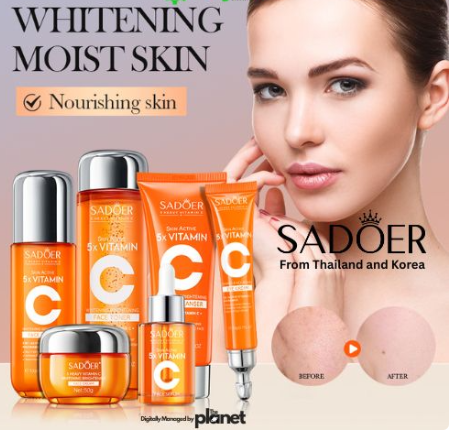 SADOER Vitamin C Skin Care Set - 5 Products for Unisex, Hydrating & Firming, Includes Cleanser, Eye Cream, Serum, Cream  combines active Vitamin C and Niacinamide to brighten dull skin, even out skin