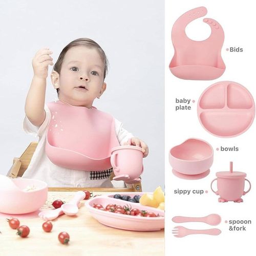 Silicone Suction Plate With Cutlery BPA Free Baby Children Toddler Feeding Set Non Breakable.The plates and bowls feature a suction base to prevent spills, and the spoon and fork are designed for grip