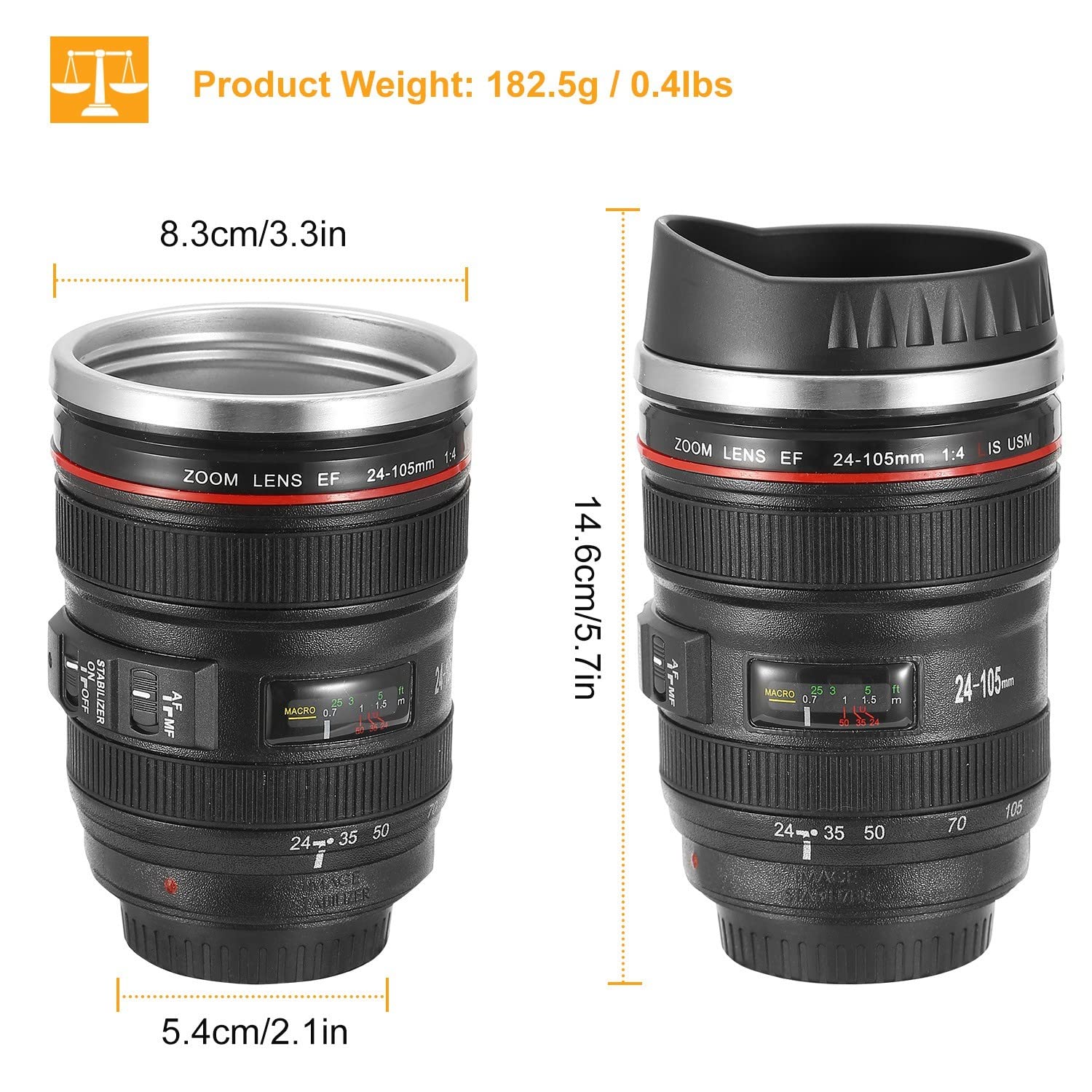 450 ml Camera Lens Coffee Mug, Cameras Lens Mug, Travel Coffee Photographers Mugs Stainless Steel Len Mug Interesting Custom Gifts for Women/Men.Crafted with a stainless steel insulated interior.