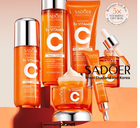 SADOER Vitamin C Skin Care Set - 5 Products for Unisex, Hydrating & Firming, Includes Cleanser, Eye Cream, Serum, Cream  combines active Vitamin C and Niacinamide to brighten dull skin, even out skin
