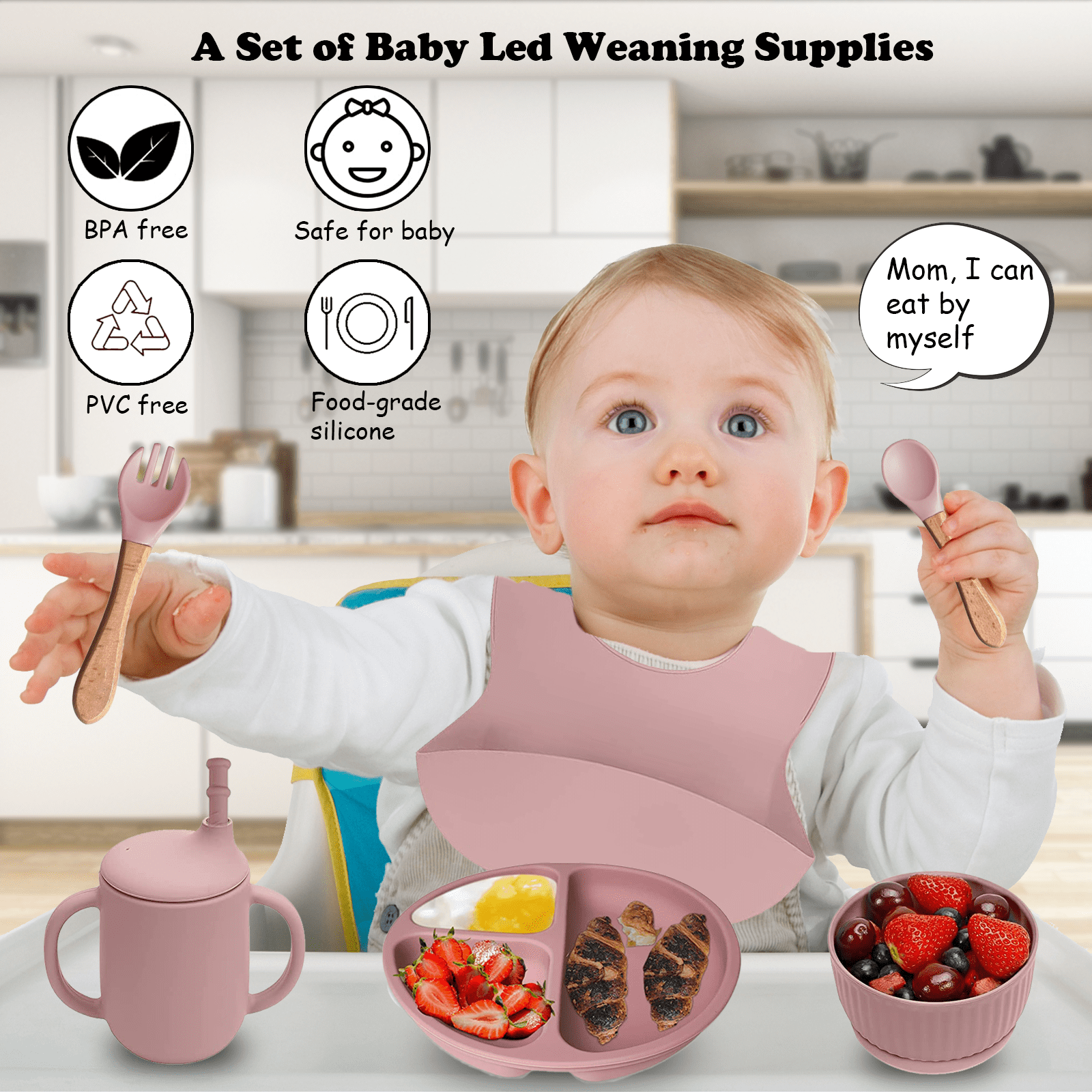 Silicone Suction Plate With Cutlery BPA Free Baby Children Toddler Feeding Set Non Breakable.The plates and bowls feature a suction base to prevent spills, and the spoon and fork are designed for grip