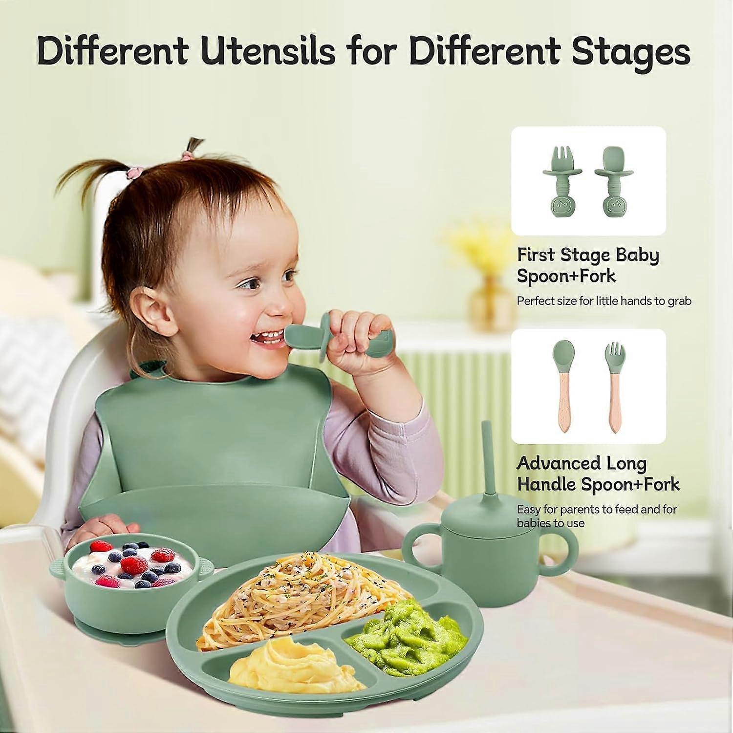 Silicone Suction Plate With Cutlery BPA Free Baby Children Toddler Feeding Set Non Breakable.The plates and bowls feature a suction base to prevent spills, and the spoon and fork are designed for grip