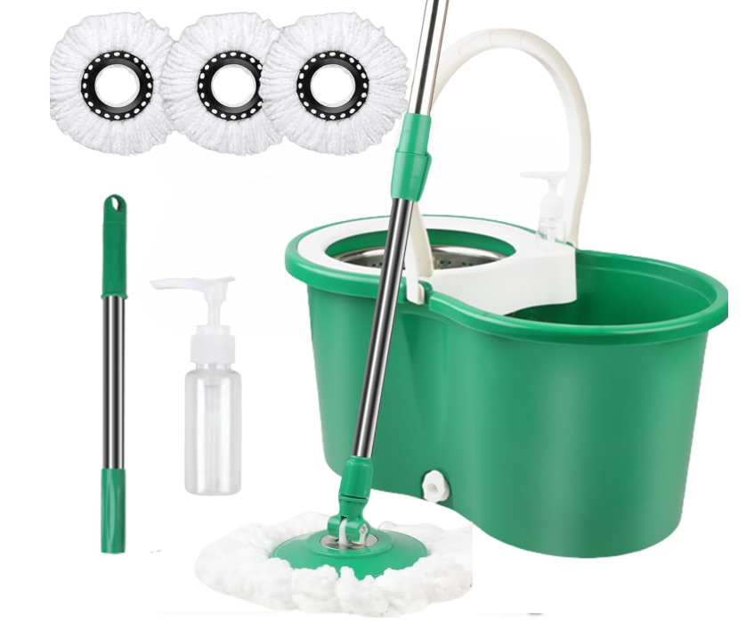Spin Mop and Bucket with Wringer Set, 360° Spinning Mop Bucket System with 3 Microfiber Mop Replacement Heads Refills,56" Stainless Steel Extended Handle for Floor Cleaning Home Office (20QT) (Green)