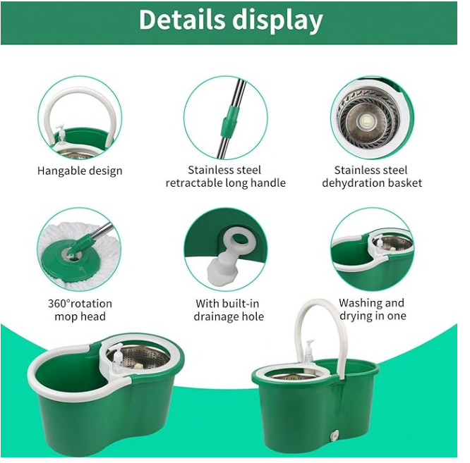Spin Mop and Bucket with Wringer Set, 360° Spinning Mop Bucket System with 3 Microfiber Mop Replacement Heads Refills,56" Stainless Steel Extended Handle for Floor Cleaning Home Office (20QT) (Green)