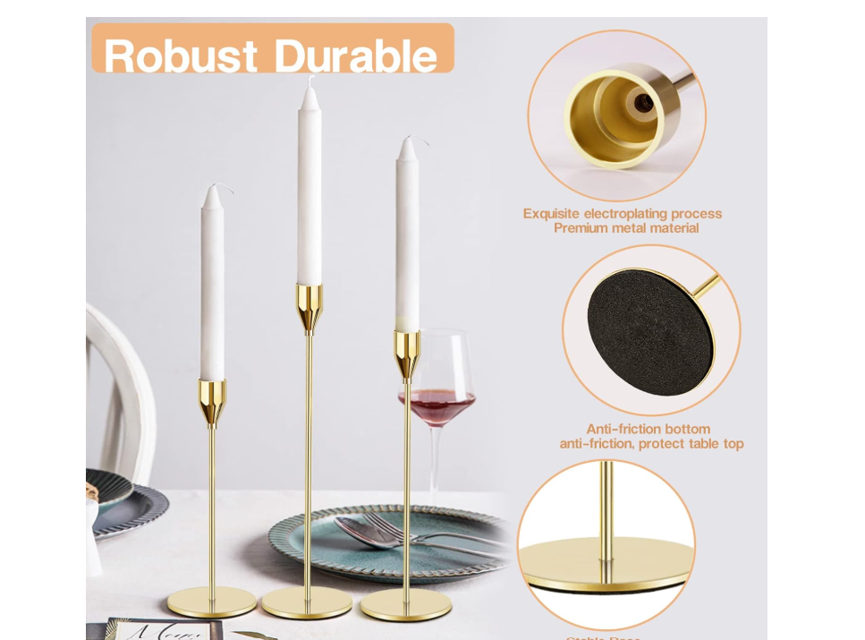 3-piece gold metal taper candle holder set is electroplated in an understated and attractive matte black,making taper candle holder ornamental and anti-corrosive while keeping an elegant,sophisticated
