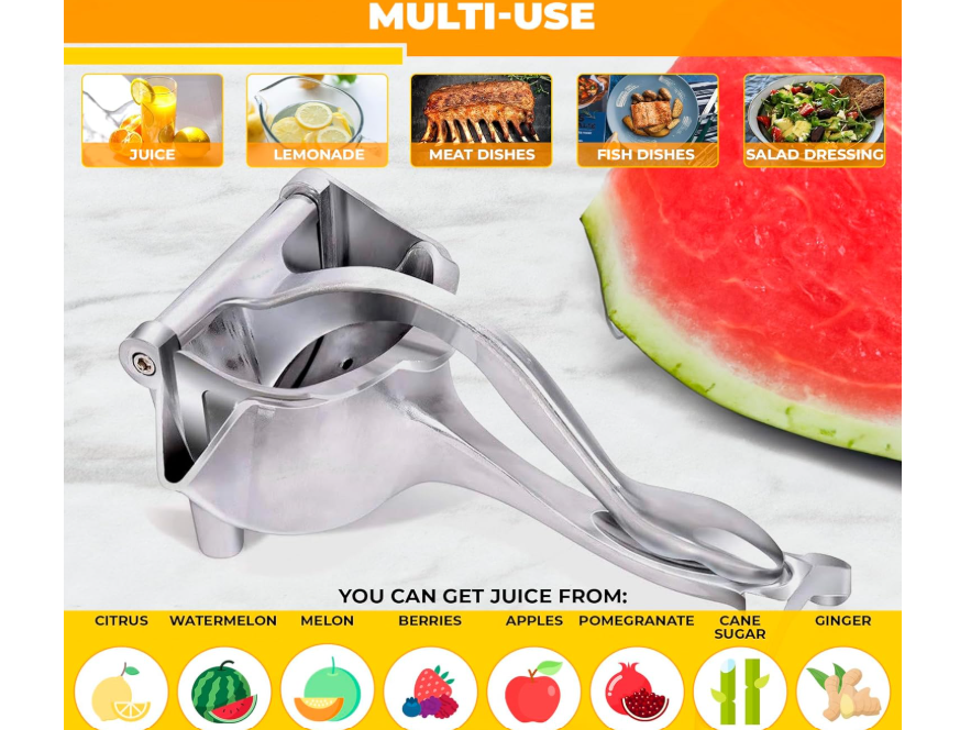 Hand Juicer Squeezer - Aluminum Manual Hand Press Juicer for Lemon, Orange, Lime, Grapefruit & Pomegranate – Durable Ergonomic Handle, Compact Easy Clean Design - Great Kitchen Gifts for Home Juicers