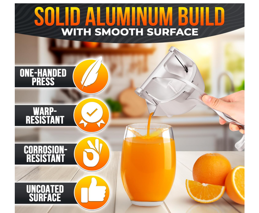 Hand Juicer Squeezer - Aluminum Manual Hand Press Juicer for Lemon, Orange, Lime, Grapefruit & Pomegranate – Durable Ergonomic Handle, Compact Easy Clean Design - Great Kitchen Gifts for Home Juicers