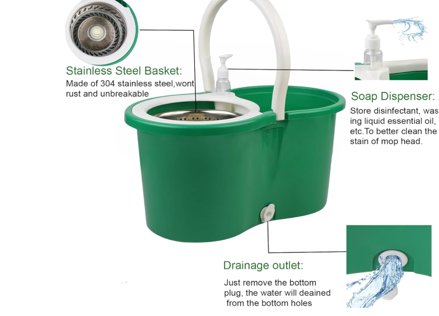 Spin Mop and Bucket with Wringer Set, 360° Spinning Mop Bucket System with 3 Microfiber Mop Replacement Heads Refills,56" Stainless Steel Extended Handle for Floor Cleaning Home Office (20QT) (Green)