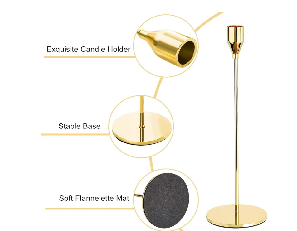 3-piece gold metal taper candle holder set is electroplated in an understated and attractive matte black,making taper candle holder ornamental and anti-corrosive while keeping an elegant,sophisticated