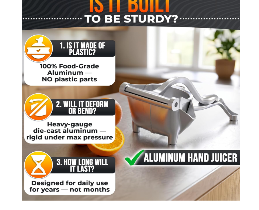 Hand Juicer Squeezer - Aluminum Manual Hand Press Juicer for Lemon, Orange, Lime, Grapefruit & Pomegranate – Durable Ergonomic Handle, Compact Easy Clean Design - Great Kitchen Gifts for Home Juicers
