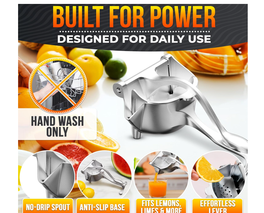 Hand Juicer Squeezer - Aluminum Manual Hand Press Juicer for Lemon, Orange, Lime, Grapefruit & Pomegranate – Durable Ergonomic Handle, Compact Easy Clean Design - Great Kitchen Gifts for Home Juicers
