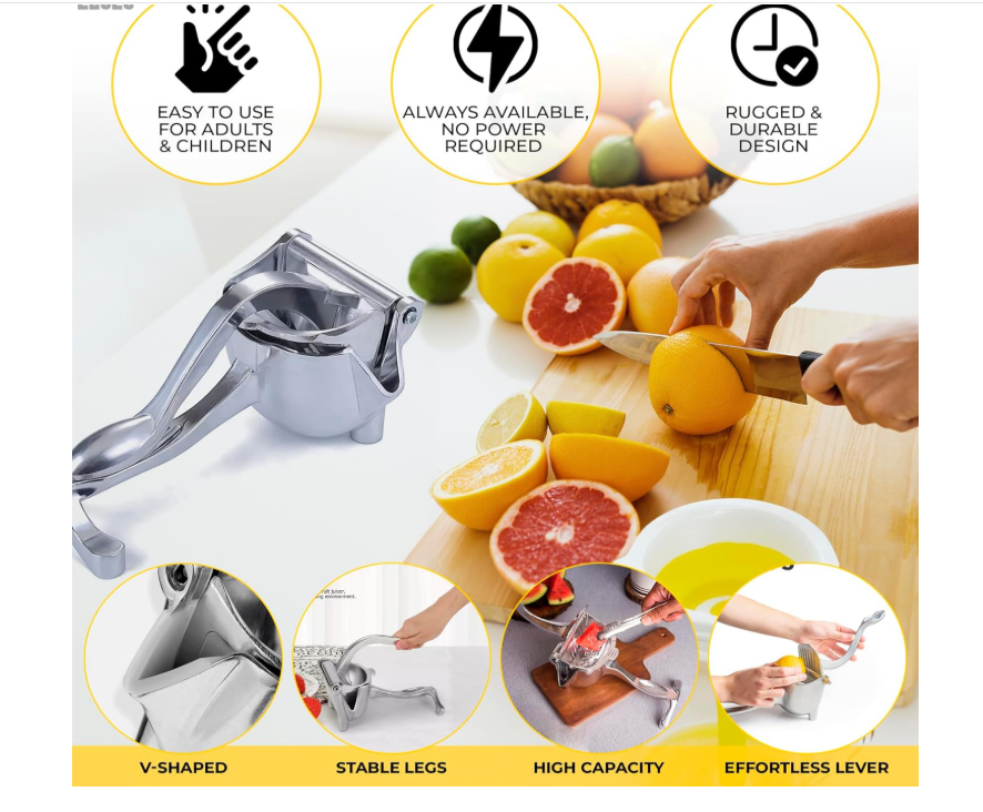 Hand Juicer Squeezer - Aluminum Manual Hand Press Juicer for Lemon, Orange, Lime, Grapefruit & Pomegranate – Durable Ergonomic Handle, Compact Easy Clean Design - Great Kitchen Gifts for Home Juicers
