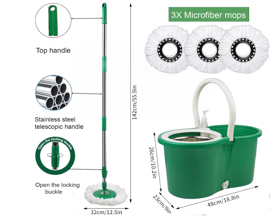 Spin Mop and Bucket with Wringer Set, 360° Spinning Mop Bucket System with 3 Microfiber Mop Replacement Heads Refills,56" Stainless Steel Extended Handle for Floor Cleaning Home Office (20QT) (Green)